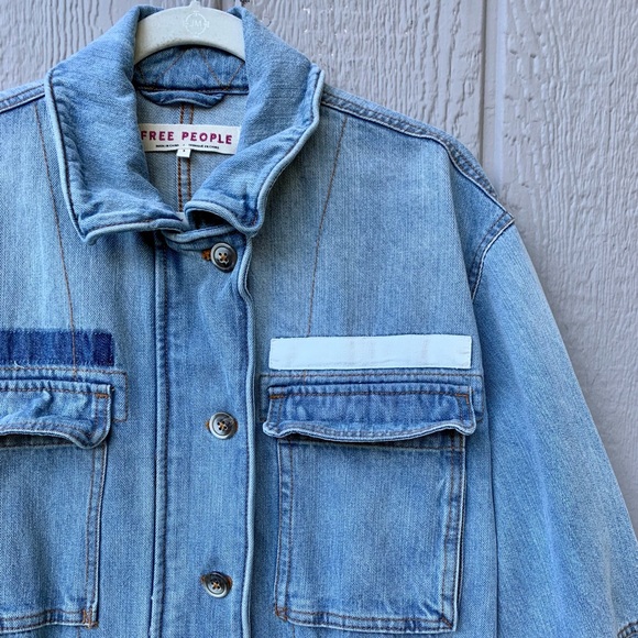 Free People oversized raw, flared hem denim jean jacket, adjustable cinch waist - Picture 3 of 16